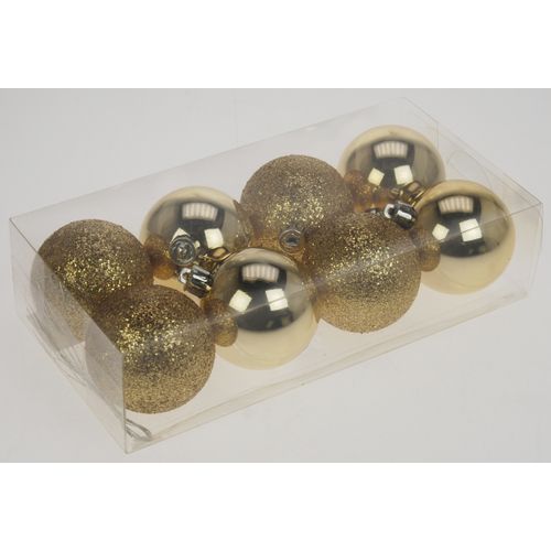 Plastic bauble 6cm 8pc/box gold shiny and glitter