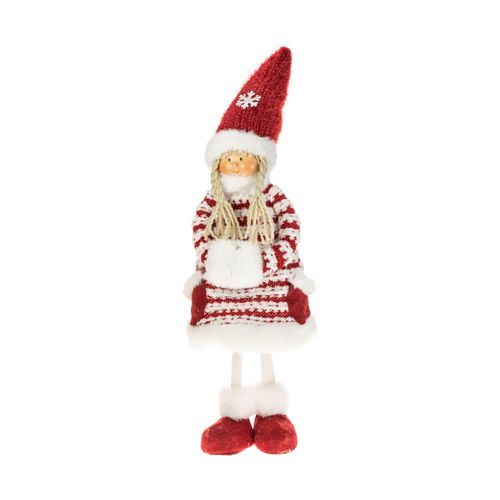 Staande kerstvrouw 58cm met rood-wit jurkje en muts